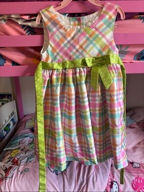 Rare Editions Pink, Green, White Plaid Bow-Accent Formal Dress